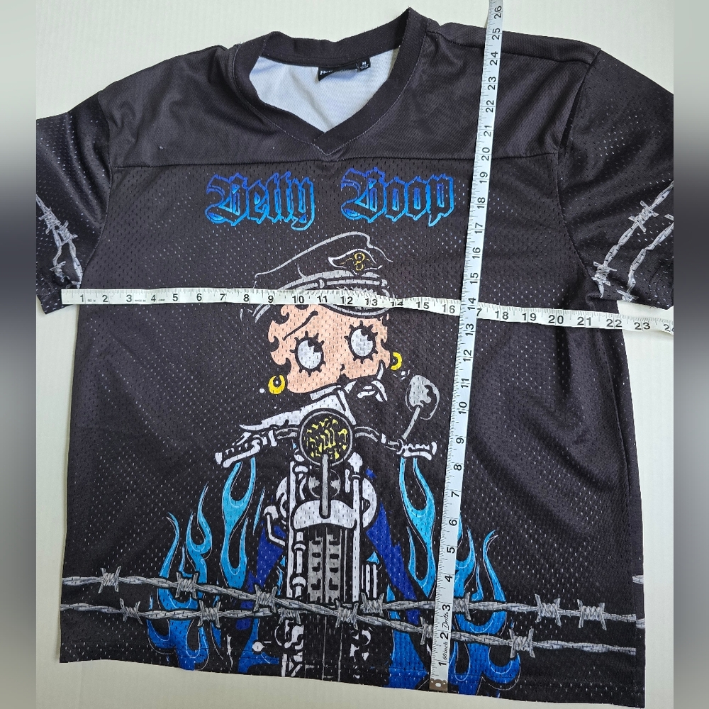 Betty Boop Y2K Vintage Black Jersey Blue Flames Motorcycle - Picture 5 of 7